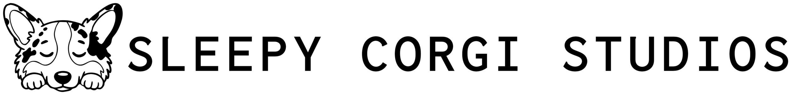 A kiss cut, black and white logo of a blue merle corgi sleeping with his head resting on his front paws. The words "Sleepy Corgi Studios" to the right of the corgi.
