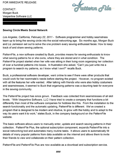 Screen shot of press release written for Pattern File Software program.